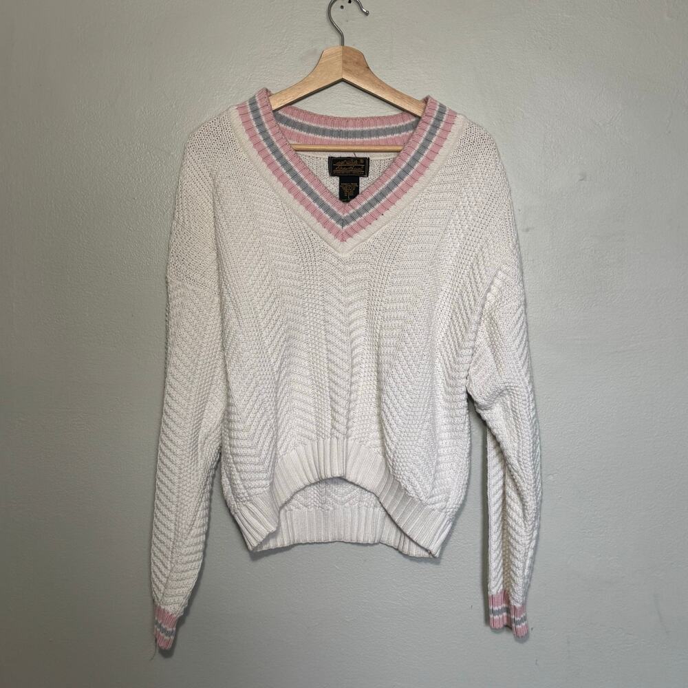 Women's Size L Vintage Eddie Bauer V-Neck Pink and Blue Cable Knit Sweater